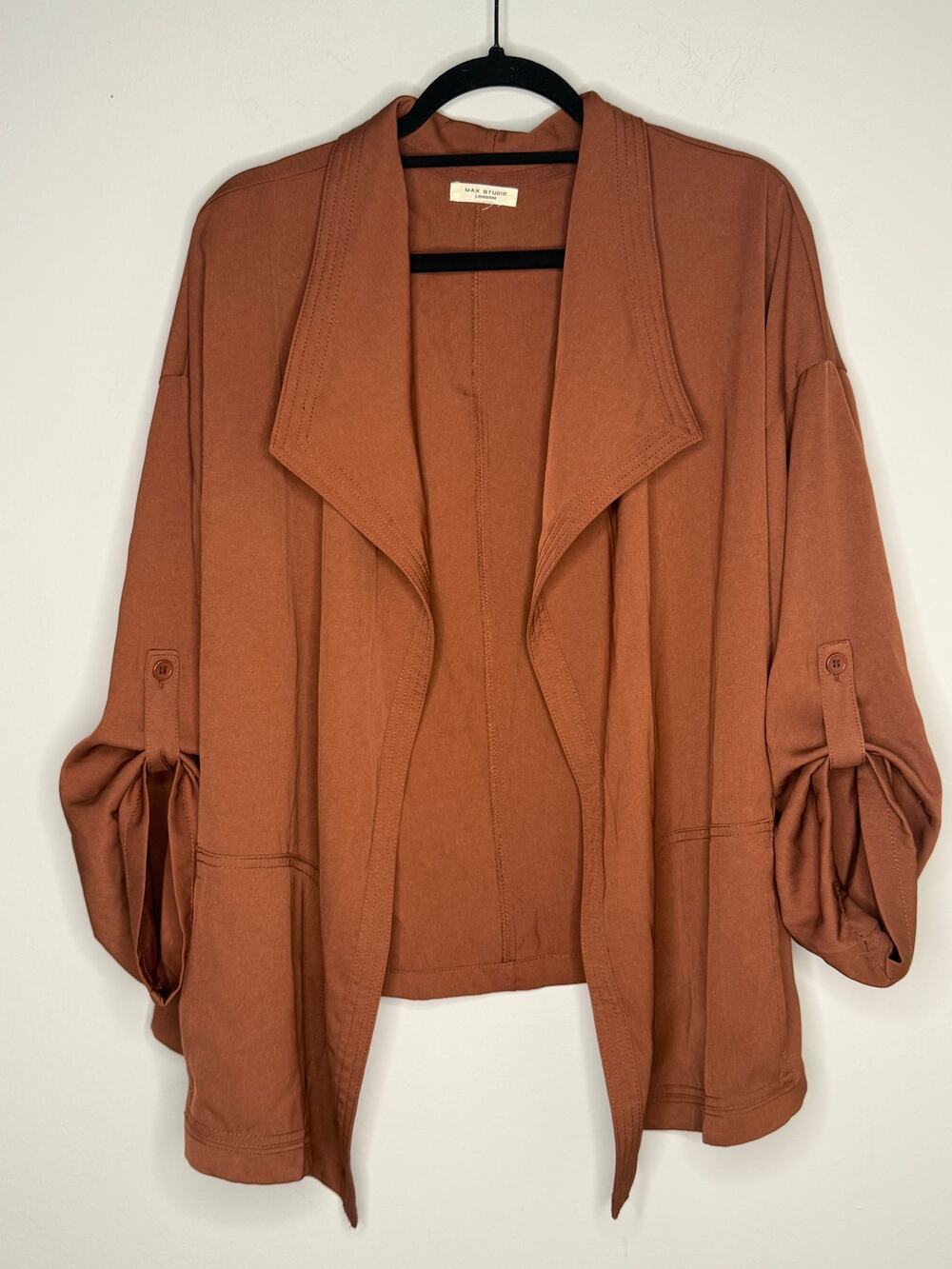 Max Studio Brick Brown Open Front Cropped Roll Tab Sleeve Light Jacket  2X Plus